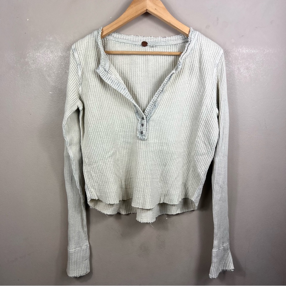 Free People Cream Waffle Henley Long Sleeve Top
